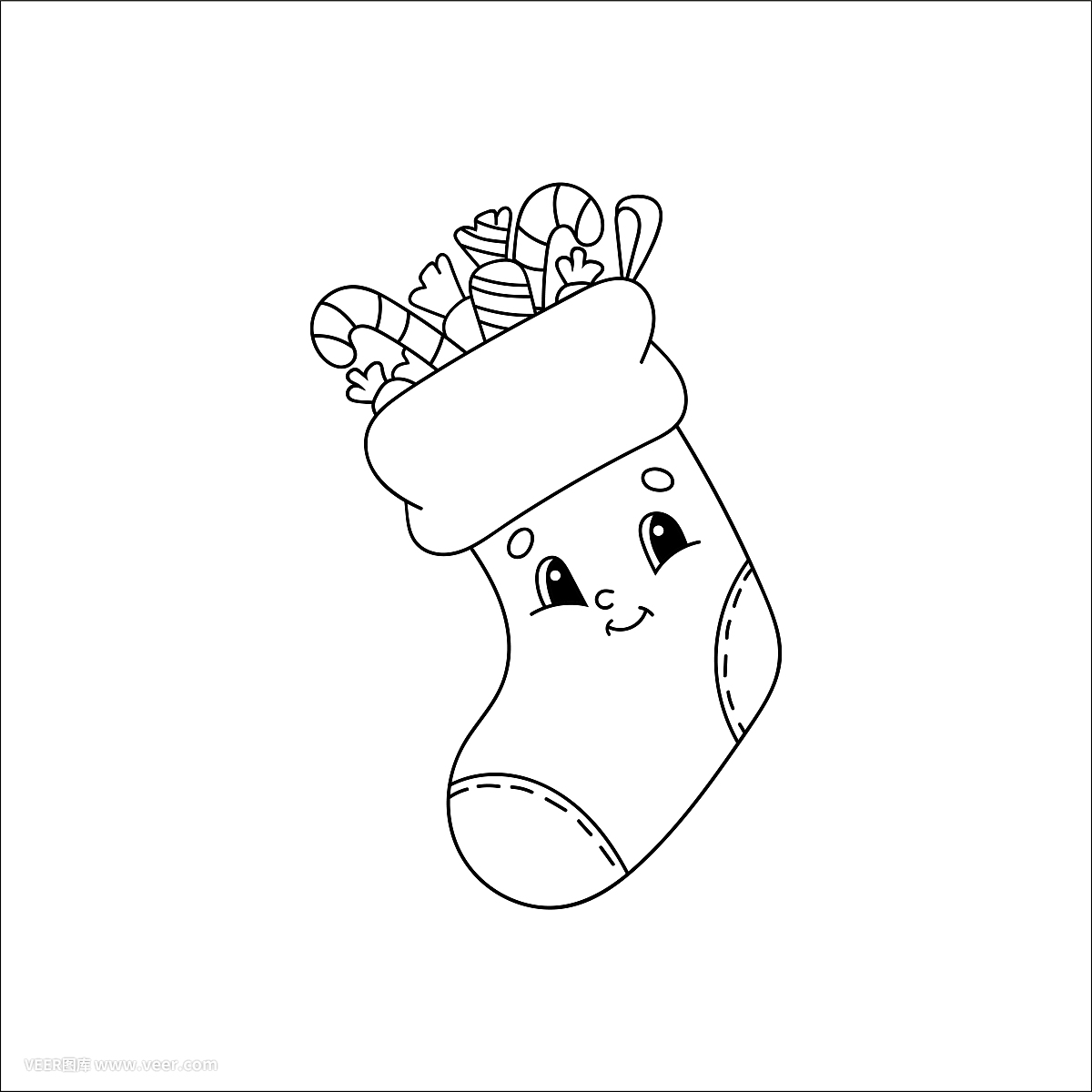 裝有禮物的圣誕襪。兒童涂色書。開朗的性格。矢量插圖。可愛的卡通風格。兒童幻想頁面。黑色的輪廓剪影。孤立在白色背景上。